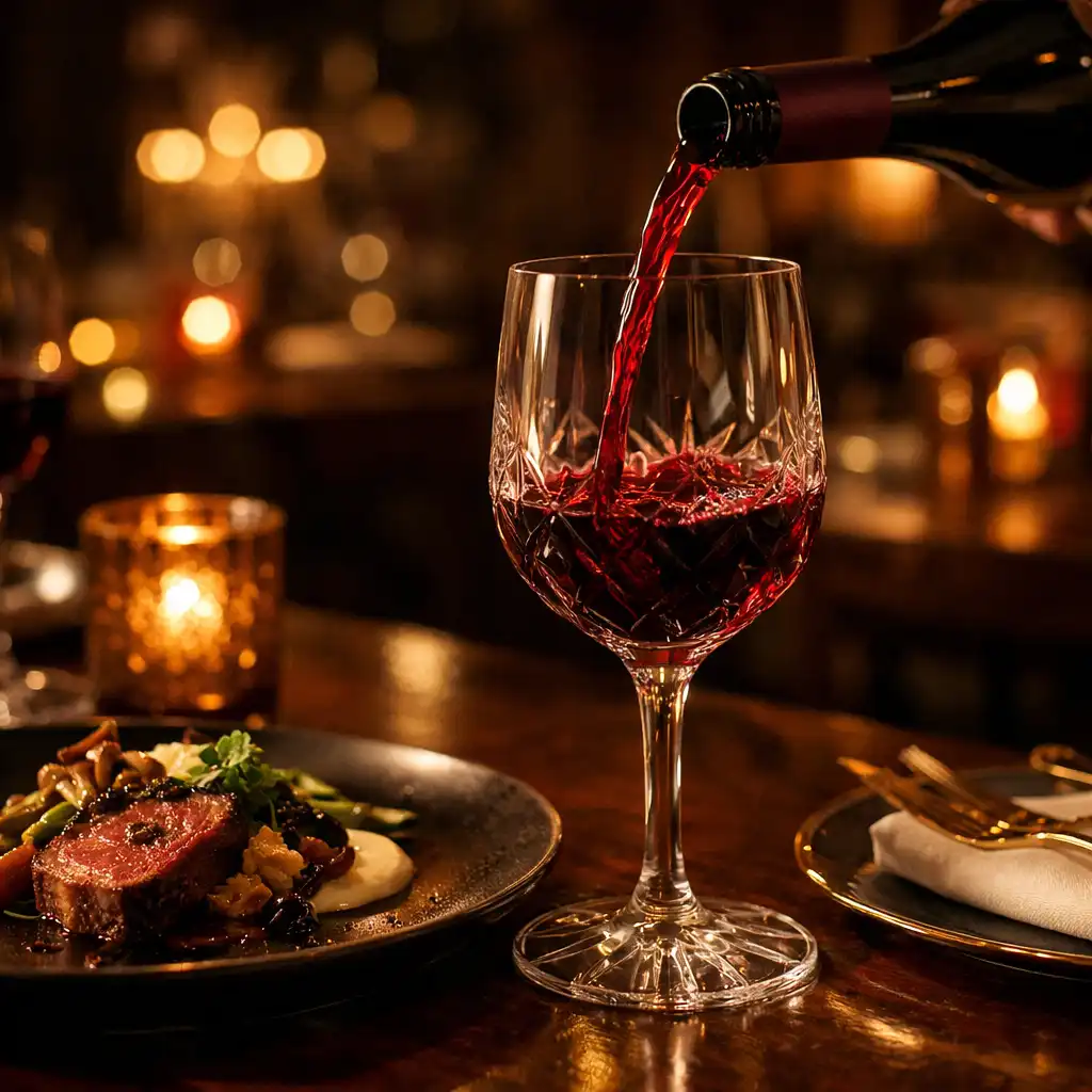 Bor töltése elegáns pohárba fine dining környezetben